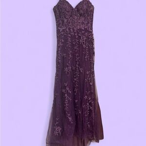 Purple Lace Prom Dress with Corset and Front
Slit